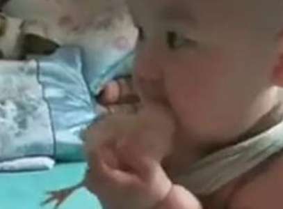 Grandpa bought a chick for his grandson, and the baby liked it very much